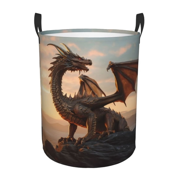Gukieu Sky Sunset Bronze Dragon Print Round Dirty Clothes Bag, Waterproof Standing Home Bathroom Storage Basket Car Trunk Storage Bag-Small