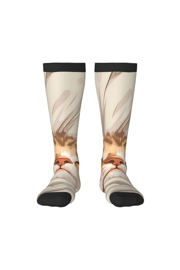 Sleeping Cat In Blanket Print Contrast Color Stockings, Elastic Sports Socks Warm Socks Clothing Accessories, Adult Unisex