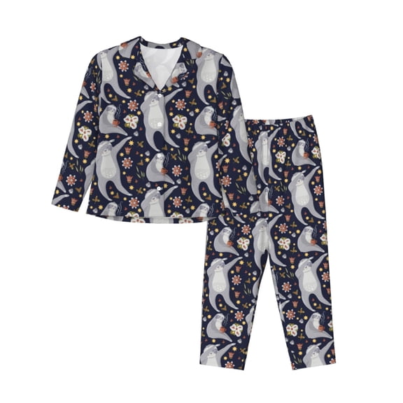 Gukieu Sloths Dancing Print Women's Long Sleeve Pajama Set, Button Top Elastic Pocket Pajama Pants Two Piece Set Home Wear-Large