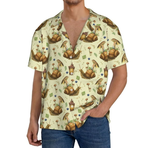 Gukieu Snail With Mushrooms Print Men's Short-sleeved Shirts, Button-down Pocket Shirts, T-shirts, Beach Vacation Travel Summer Clothing-X-Large