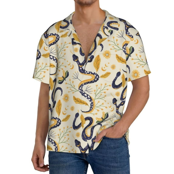 Gukieu Snake And Floral Print Men's Short-sleeved Shirts, Button-down Pocket Shirts, T-shirts, Beach Vacation Travel Summer Clothing-Small