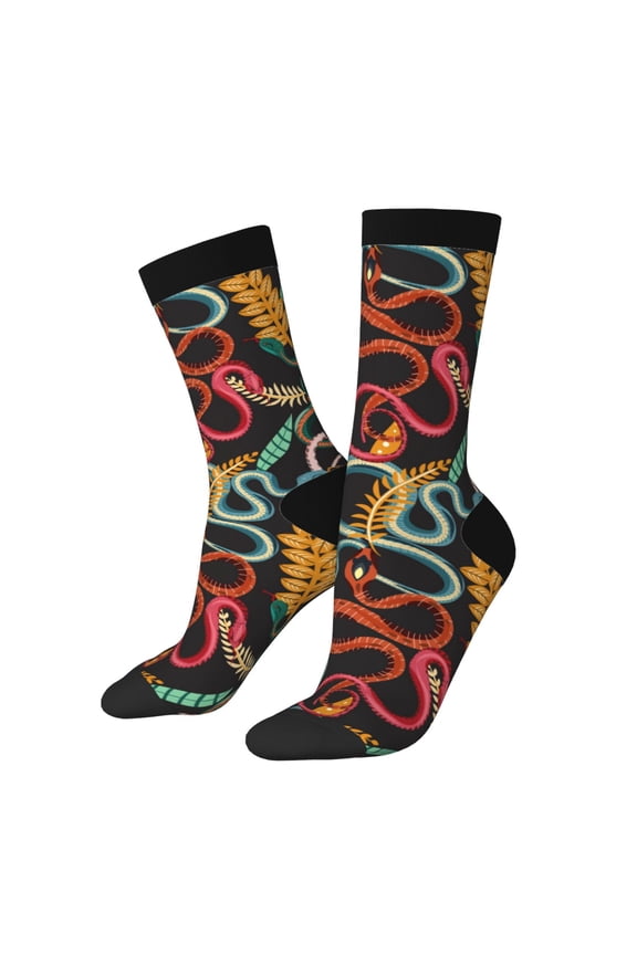 Snake And Flower Print Contrast Color Mid-calf Socks, Sweat-wicking Athletic Socks, Unisex Clothing Accessories