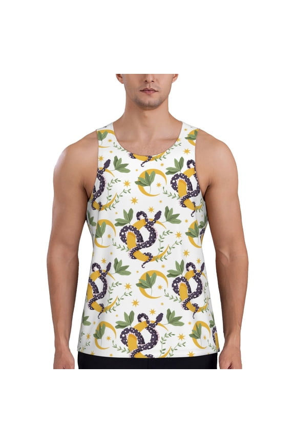 Snake And Moon Print Men's Quick Dry Fitness Vest, Round Neck Sleeveless Fitness Bodybuilding Top-4X-Large