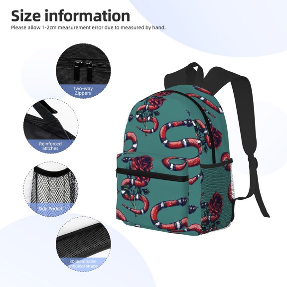 Gukieu Snake And Rose Print Backpack, Waterproof Backpack with Adjustable Shoulder Straps, Suitable for Campus, Business, Travel, Unisex