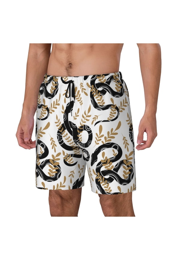 Snake Print Men's Double Layer Sports Swim Trunks, Quick Dry Adjustable Waist Swim Shorts Swimwear-Small