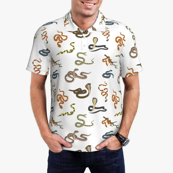 Gukieu Snake Print Men's Quick-drying POLO Shirt, Button-down Summer T-shirt, Suitable for Work and Outdoor Activities-Large