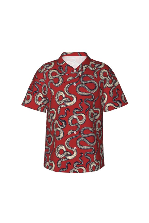 Snake Print Men's Short-sleeved Shirts, Button-down Lapel Hawaiian Shirts, T-shirts, Beach Vacation Summer Casual Wear,Medium