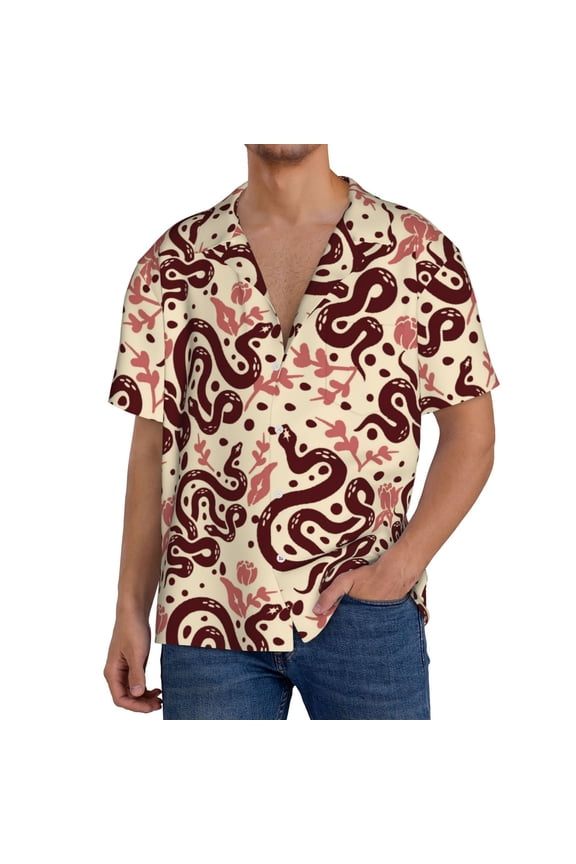Snake Print Men's Short-sleeved Shirts, Button-down Pocket Shirts, T-shirts, Beach Vacation Travel Summer Clothing-Large