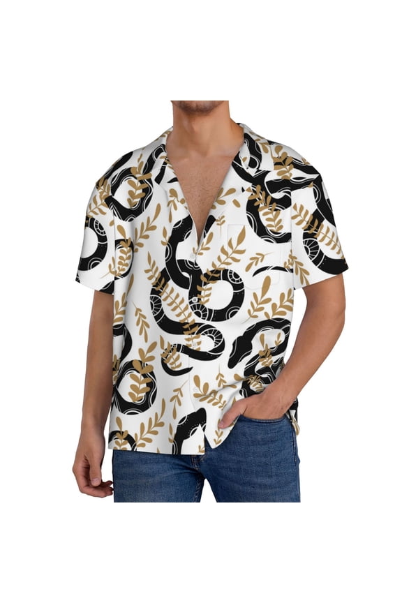 Snake Print Men's Short-sleeved Shirts, Button-down Pocket Shirts, T-shirts, Beach Vacation Travel Summer Clothing-Large