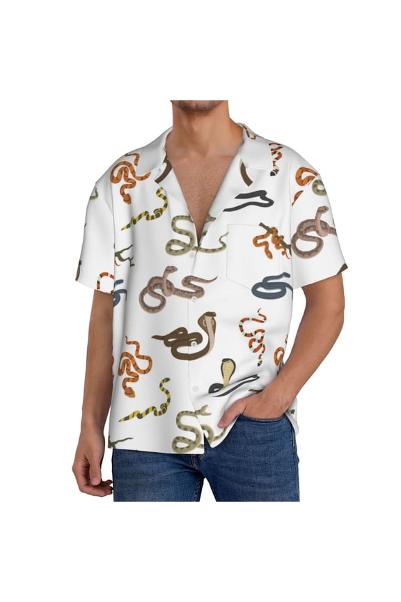 Snake Print Men's Short-sleeved Shirts, Button-down Pocket Shirts, T-shirts, Beach Vacation Travel Summer Clothing-Medium