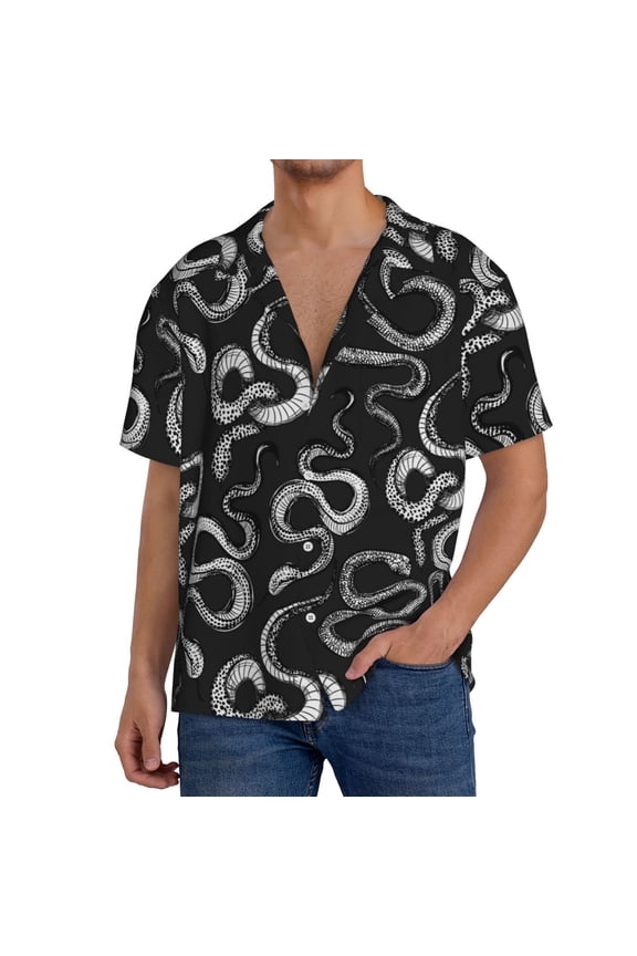 Snake Print Men's Short-sleeved Shirts, Button-down Pocket Shirts, T-shirts, Beach Vacation Travel Summer Clothing-Medium