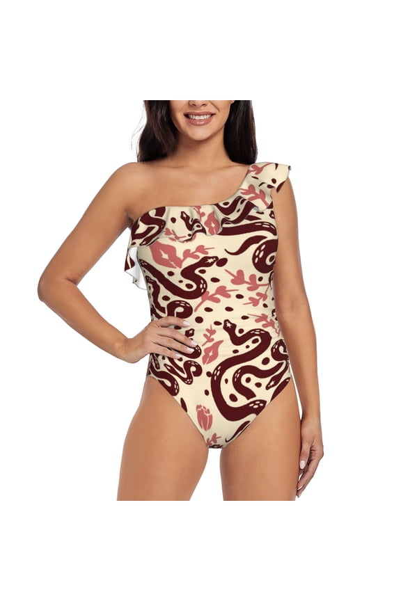 Snake Print One-shoulder Ruffled One-piece Swimsuit with Removable Chest Pads and Tummy-control Swimsuit for Women-X-Large