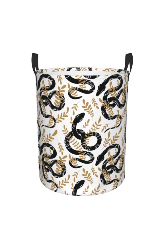 Snake Print Round Dirty Clothes Bag, Waterproof Standing Home Bathroom Storage Basket Car Trunk Storage Bag-Small