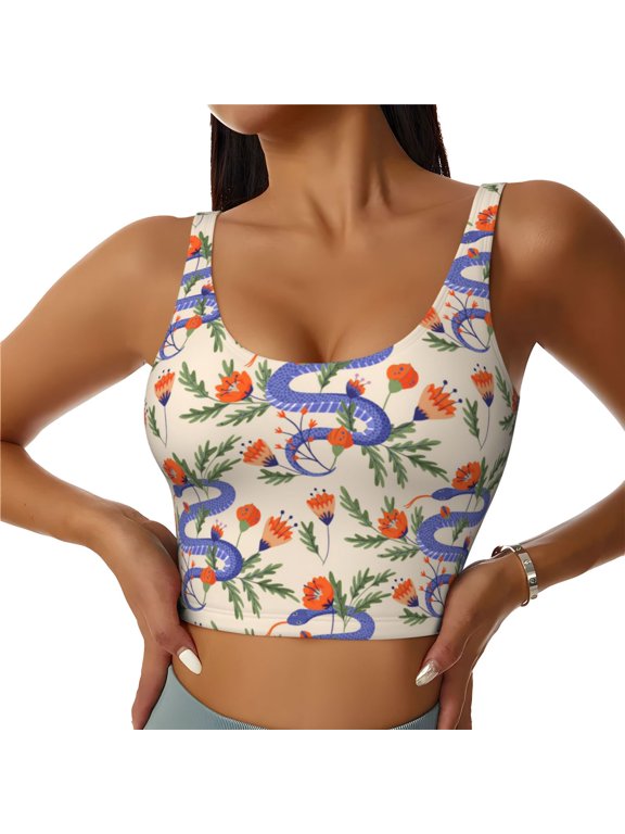 Snake Print Women's Sports Vest, Low-neck U-shaped Removable Pad Sports Bra for Yoga, Exercise, Dance-Large