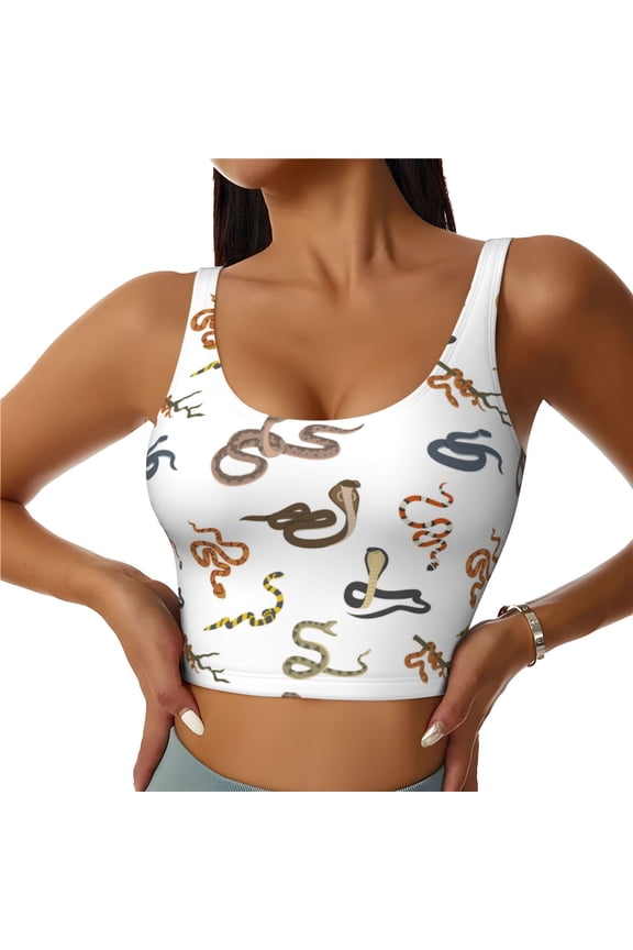 Snake Print Women's Sports Vest, Low-neck U-shaped Removable Pad Sports Bra for Yoga, Exercise, Dance-XX-Large