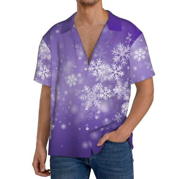 Gukieu Snowfall Sky White Purple Print Men's Short-sleeved Shirts, Button-down Pocket Shirts, T-shirts, Beach Vacation Travel Summer Clothing-Large