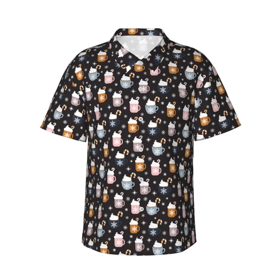 Gukieu Snowflake Cream Hot Cocoa Print Men's Short-sleeved Shirts, Button-down Lapel Hawaiian Shirts, T-shirts, Beach Vacation Summer Casual Wear,Large
