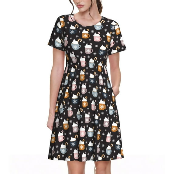 Gukieu Snowflake Cream Hot Cocoa Print Women's Short Sleeve Dress, Elastic Waistband A-line with Pockets Summer Dress, Suitable for Daily Leisure, Work, Vacation