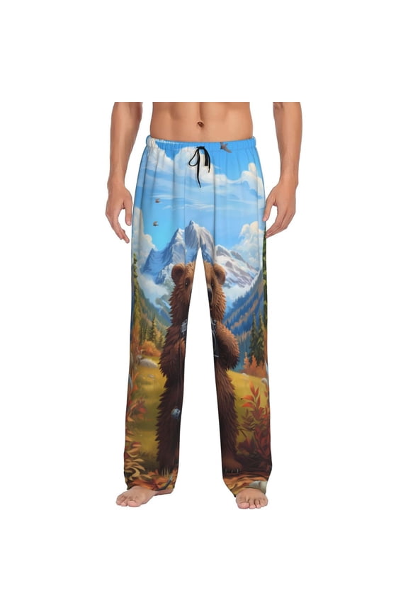 Snowy Mountain Photography Bear Print Men's Home Trousers, Elastic Drawstring Home Pajamas Clothing Suitable for Adult Men-Medium