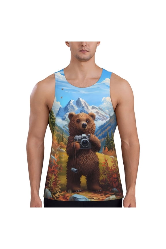 Snowy Mountain Photography Bear Print Men's Quick Dry Fitness Vest, Round Neck Sleeveless Fitness Bodybuilding Top-Medium