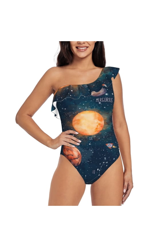 Solar System And Planets Print One-shoulder Ruffled One-piece Swimsuit with Removable Chest Pads and Tummy-control Swimsuit for Women-X-Large