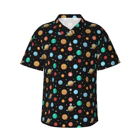 Gukieu Solar System Planets Space Print Men's Short-sleeved Shirts, Button-down Lapel Hawaiian Shirts, T-shirts, Beach Vacation Summer Casual Wear,Small