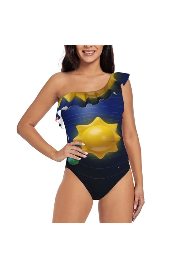 Solar System Print One-shoulder Ruffled One-piece Swimsuit with Removable Chest Pads and Tummy-control Swimsuit for Women-Large
