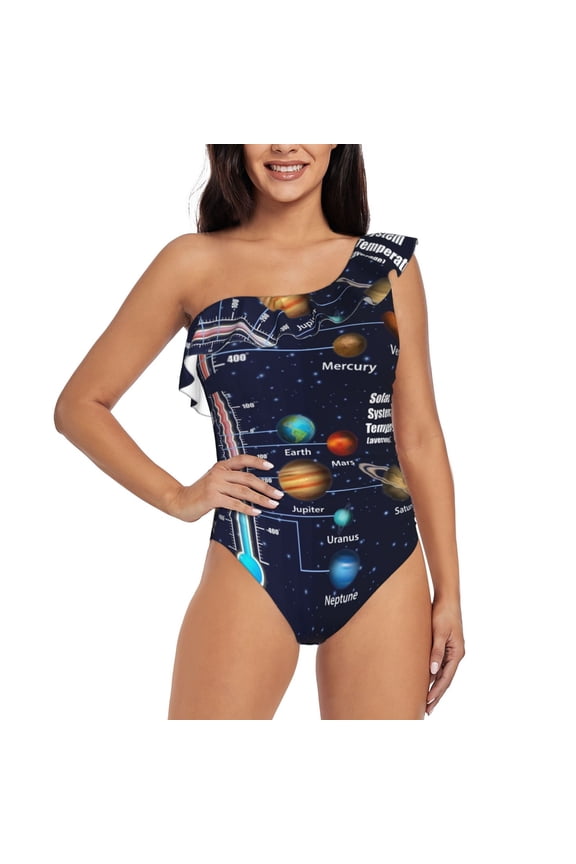 Solar System Print One-shoulder Ruffled One-piece Swimsuit with Removable Chest Pads and Tummy-control Swimsuit for Women-Small