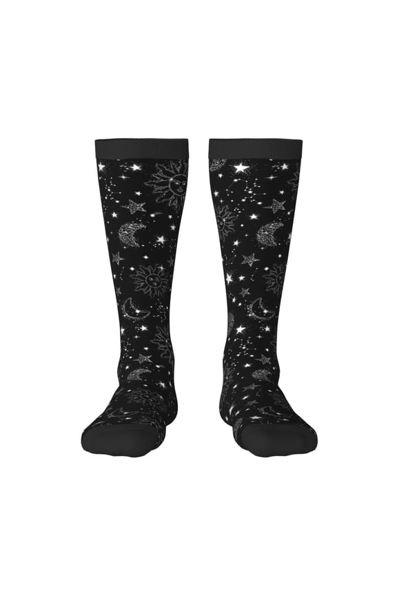 Space Galaxy Print Contrast Color Stockings, Elastic Sports Socks Warm Socks Clothing Accessories, Adult Unisex