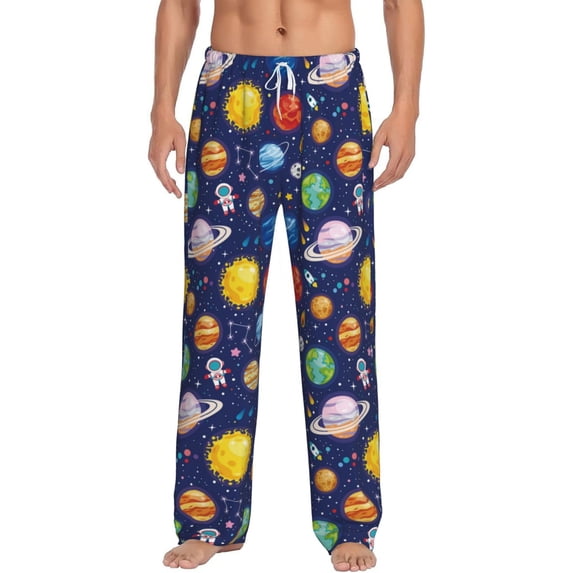 Gukieu Space Planet Print Men's Home Trousers, Elastic Drawstring Home Pajamas Clothing Suitable for Adult Men-X-Large