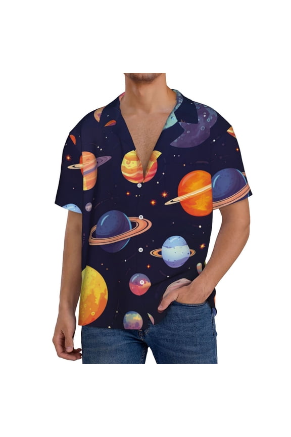 Space Planet Print Men's Short-sleeved Shirts, Button-down Pocket Shirts, T-shirts, Beach Vacation Travel Summer Clothing-XX-Large