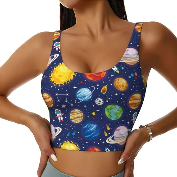 Gukieu Space Planet Print Women's Sports Vest, Low-neck U-shaped Removable Pad Sports Bra for Yoga, Exercise, Dance-Medium