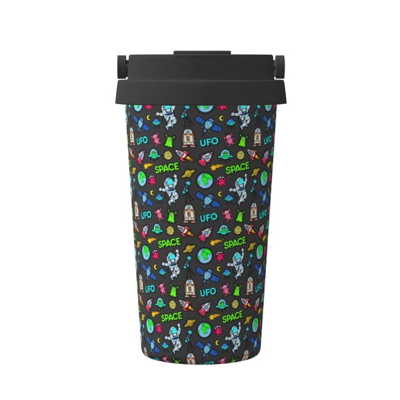 Gukieu Space Rocket Cosmonaut Planets Print Insulated Coffee Cup, Portable Stainless Steel Vacuum Cup with Lid, Unisex, Suitable for Office, Cafe, Car