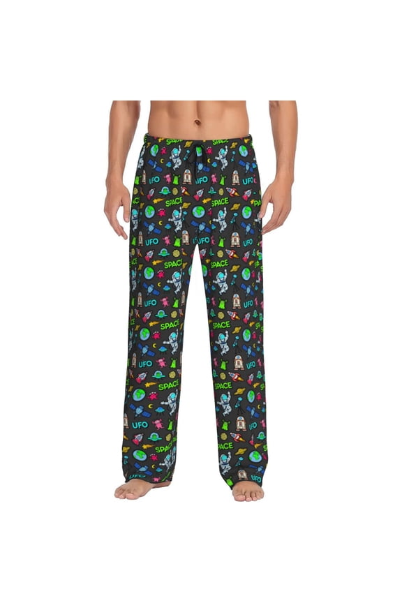 Space Rocket Cosmonaut Planets Print Men's Home Trousers, Elastic Drawstring Home Pajamas Clothing Suitable for Adult Men-Small
