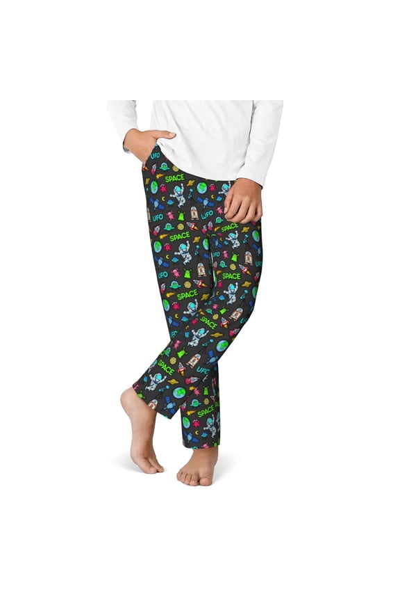 Space Rocket Cosmonaut Planets Print Youth Home Trousers, Elastic Waistband with Pockets for Home and Outing, Suitable for Children Aged 5-16-Large