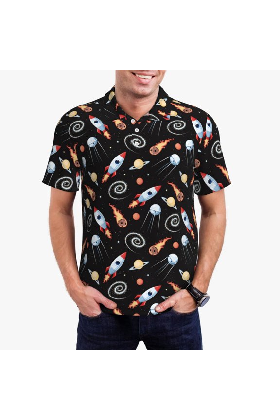 Space Rocket Print Men's Quick-drying POLO Shirt, Button-down Summer T-shirt, Suitable for Work and Outdoor Activities-Medium