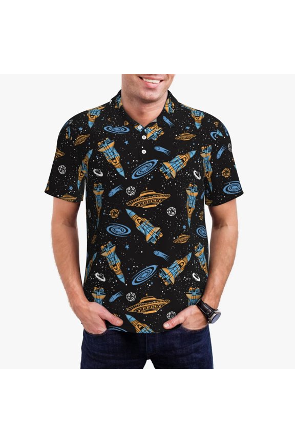 Space Rocket Print Men's Quick-drying POLO Shirt, Button-down Summer T-shirt, Suitable for Work and Outdoor Activities-Small