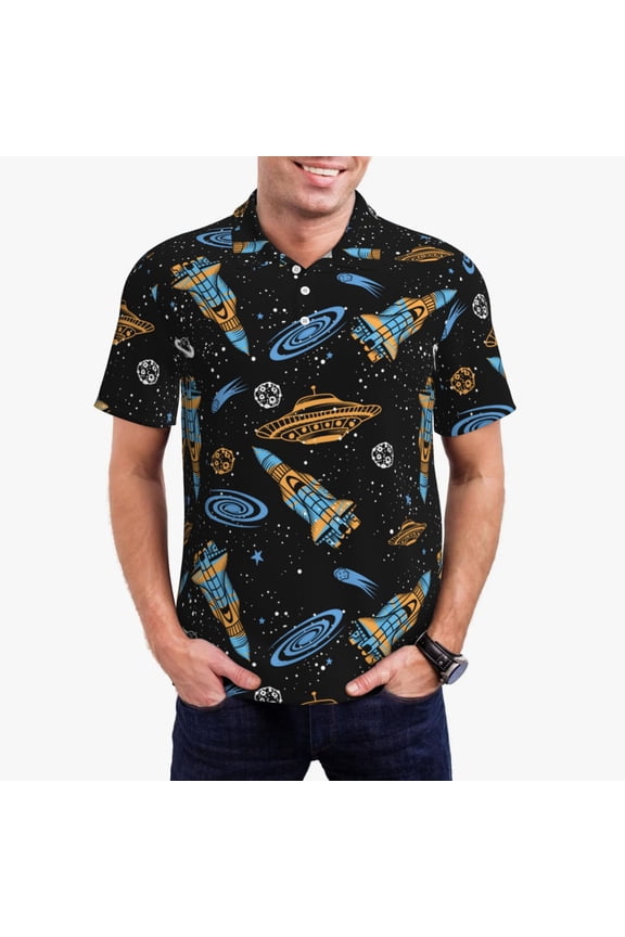 Space Rockets Print Men's Quick-drying POLO Shirt, Button-down Summer T-shirt, Suitable for Work and Outdoor Activities-XX-Large
