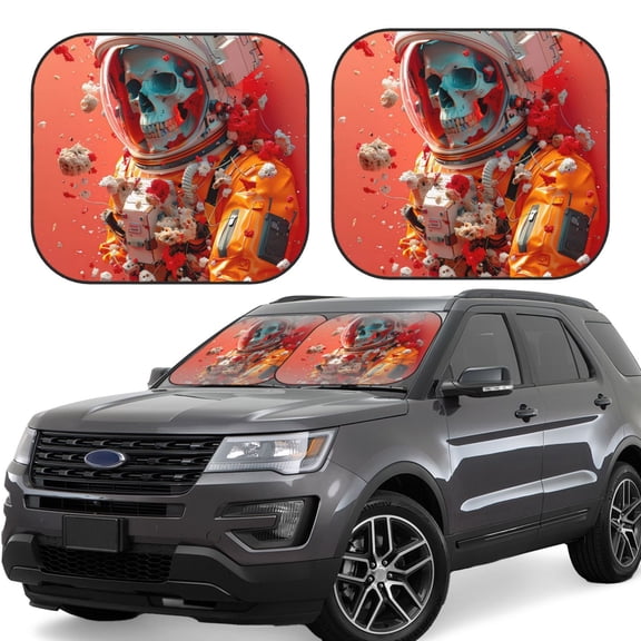 Gukieu Space Skeleton Art Print Car Windshield Sun Visor, Foldable Anti-UV Car Sun Visor Suitable for Vans, Trucks Car Accessories-Small