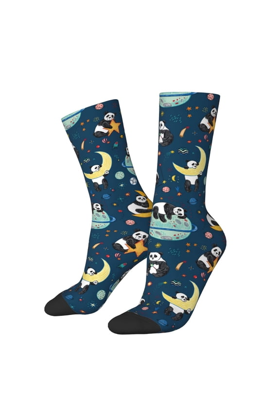 Space Sleeping Panda Print Contrast Color Mid-calf Socks, Sweat-wicking Athletic Socks, Unisex Clothing Accessories