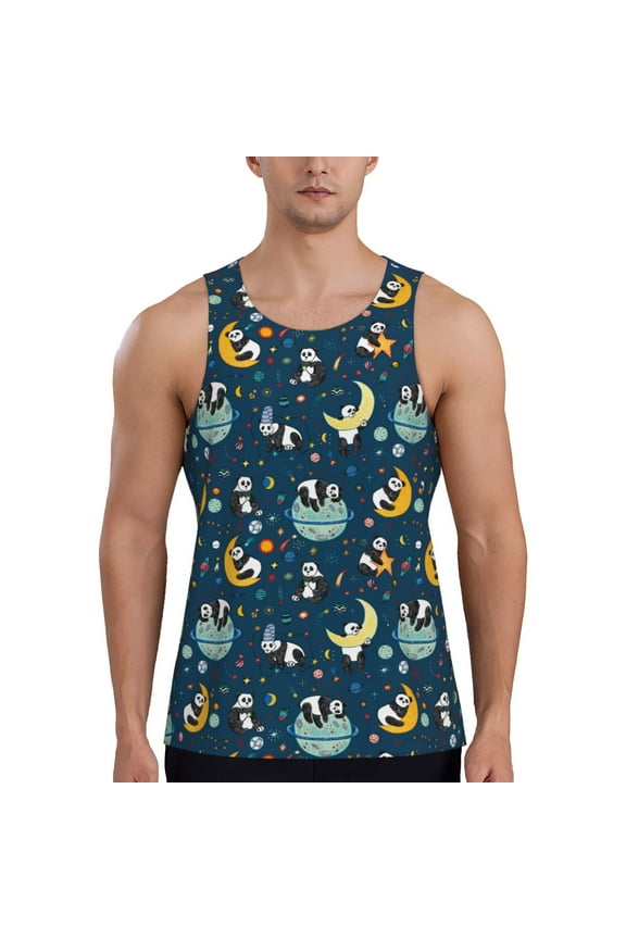 Space Sleeping Panda Print Men's Quick Dry Fitness Vest, Round Neck Sleeveless Fitness Bodybuilding Top-4X-Large
