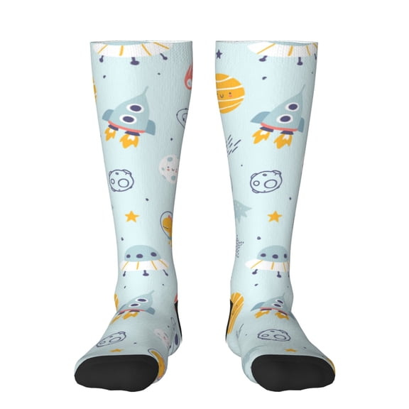 Gukieu Space With Dino Astronauts Print Contrast Color Stockings, Elastic Sports Socks Warm Socks Clothing Accessories, Adult Unisex