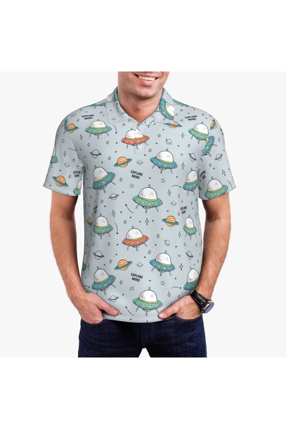 Spaceship Print Men's Quick-drying POLO Shirt, Button-down Summer T-shirt, Suitable for Work and Outdoor Activities-XX-Large