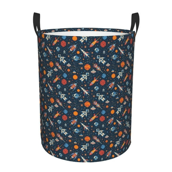 Gukieu Spaceships And Stars In Outer Space Print Round Dirty Clothes Bag, Waterproof Standing Home Bathroom Storage Basket Car Trunk Storage Bag-Small