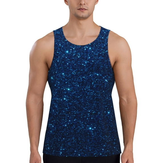 Gukieu Sparkling Blue Glitter Print Men's Quick Dry Fitness Vest, Round Neck Sleeveless Fitness Bodybuilding Top-3X-Large