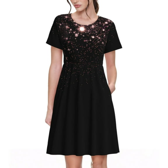 Gukieu Sparkling Pink Night Sky Print Women's Short Sleeve Dress, Elastic Waistband A-line with Pockets Summer Dress, Suitable for Daily Leisure, Work, Vacation