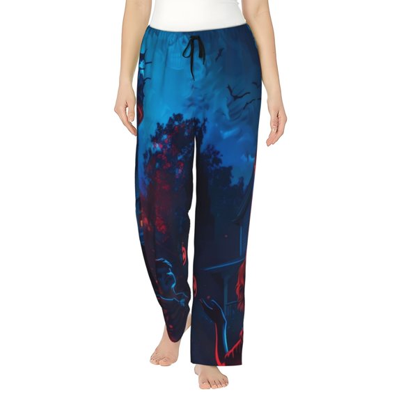 Gukieu Spooky Halloween Night Scene Print Women's Home Trousers, with Pockets and Drawstring Pajamas, Home Pajamas, Sleepwear-Small