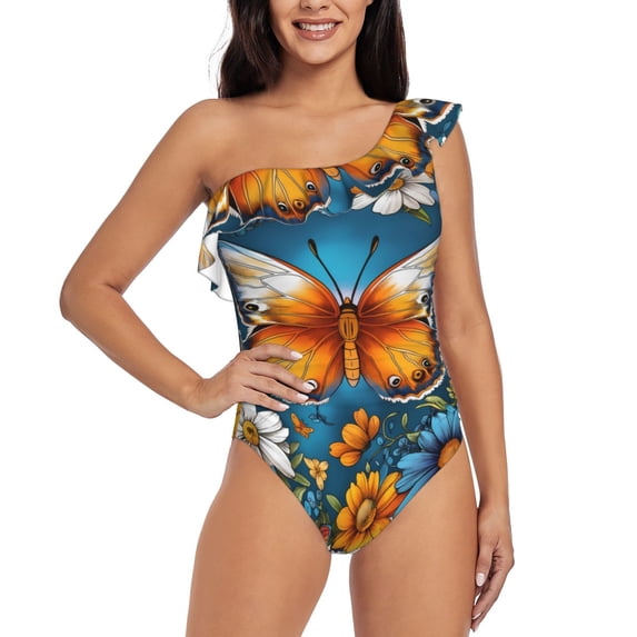 Gukieu Spring Butterfly Flowers Print One-shoulder Ruffled One-piece Swimsuit with Removable Chest Pads and Tummy-control Swimsuit for Women-Large