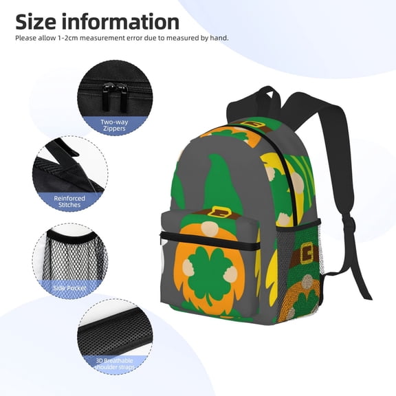 Gukieu Spring St PatrickS Day Irish Gnomes Print Backpack, Waterproof Backpack with Adjustable Shoulder Straps, Suitable for Campus, Business, Travel, Unisex