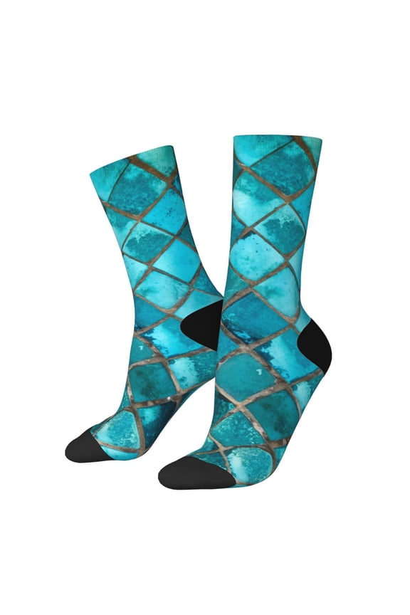 Square Glass Mosaic Print Contrast Color Mid-calf Socks, Sweat-wicking Athletic Socks, Unisex Clothing Accessories